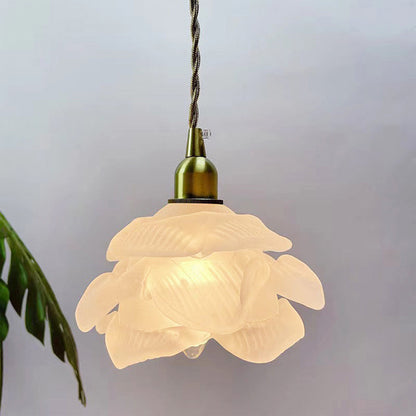 Modern Art Deco Brass Floral Glass Shade 1-Light Pendant Light For Bedroom