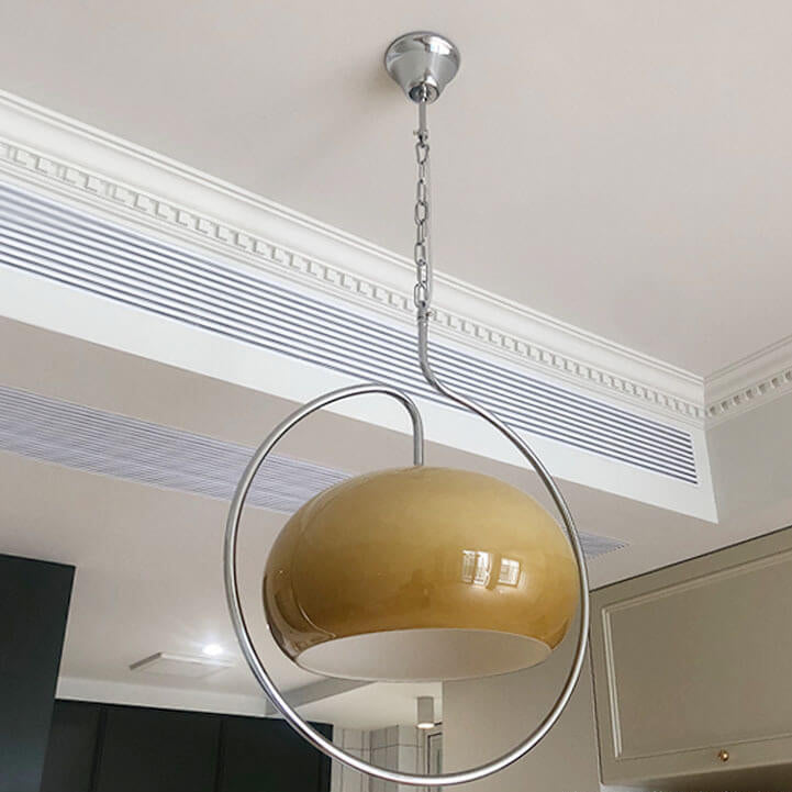 Contemporary Retro Cream Round Hardware Glass 1-Light Pendant Light For Living Room
