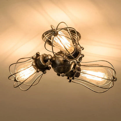 Contemporary Industrial Iron Cage Grill 3/4 Light Semi-Flush Mount Ceiling Light For Living Room