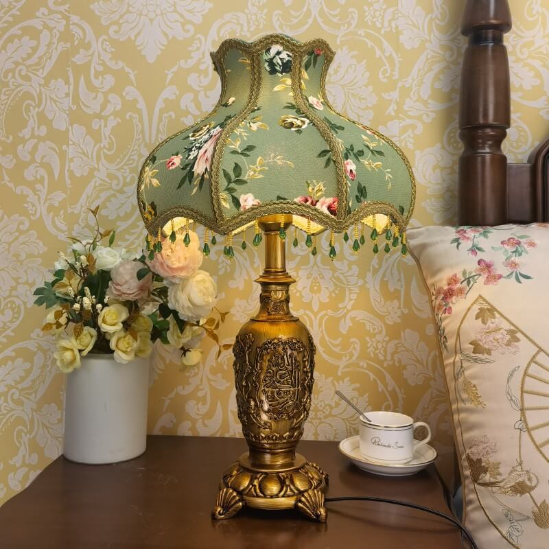 Traditional European Vintage Floral Texture Fabric Pleated Resin Base 1-Light Table Lamp For Home Office