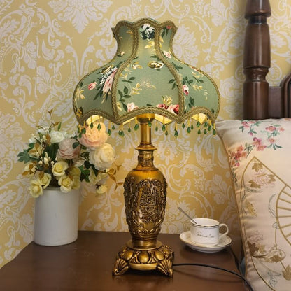 Traditional European Vintage Floral Texture Fabric Pleated Resin Base 1-Light Table Lamp For Home Office