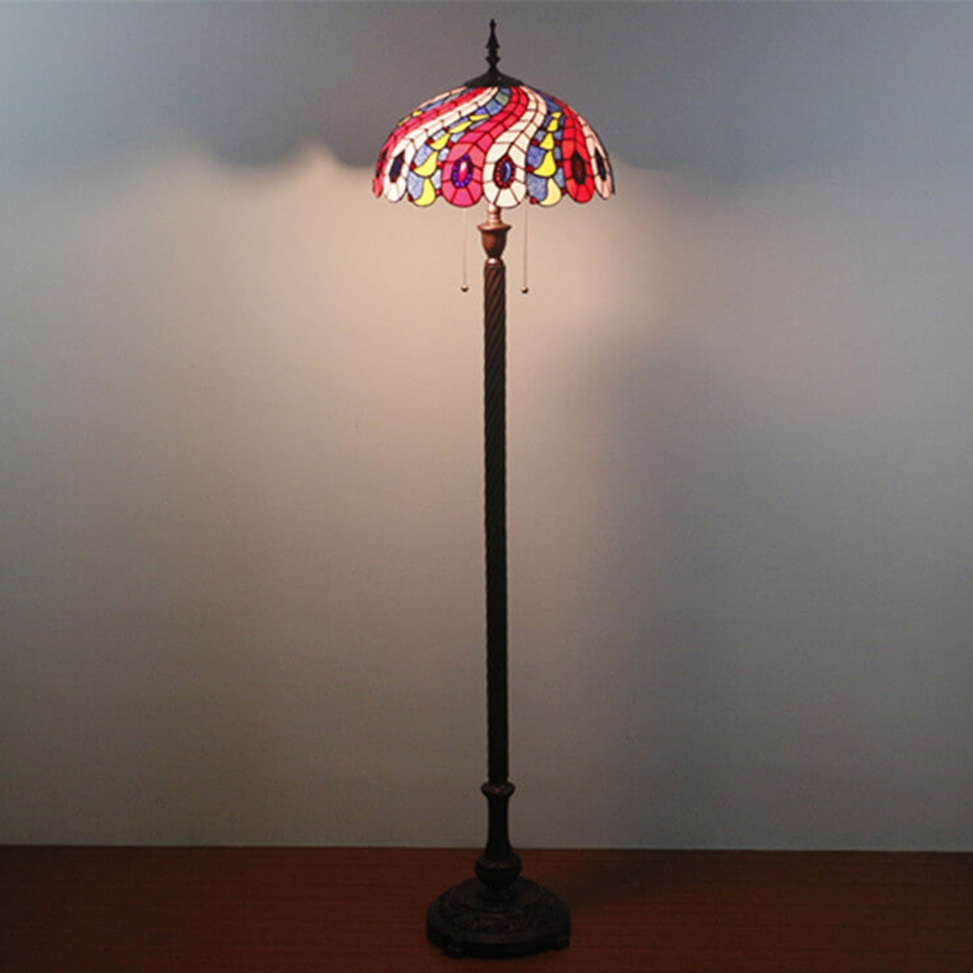 European Tiffany Peacock Tail Stained Glass 2-Light Standing Floor Lamp