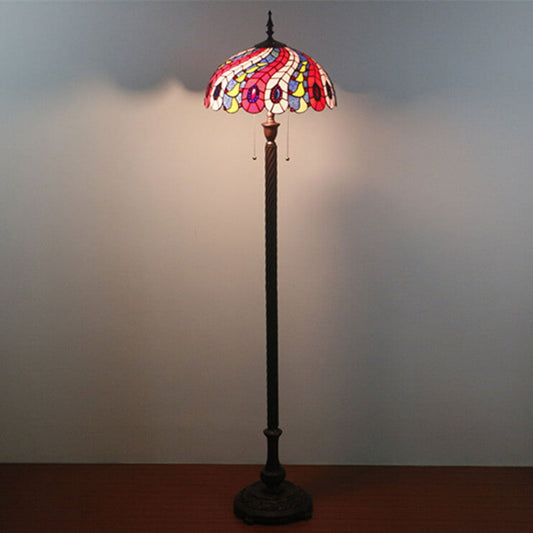 European Tiffany Peacock Tail Stained Glass 2-Light Standing Floor Lamp