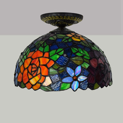 Traditional Tiffany Round Rose Iron Stained Glass 1-Light Semi-Flush Mount Ceiling Light For Living Room
