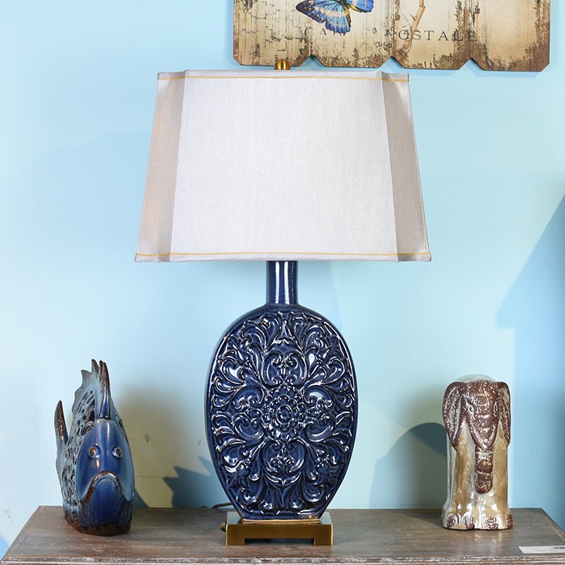 Traditional Chinese Oval Ceramic Fabric Lampshade Copper Base 1-Light Table Lamp For Living Room