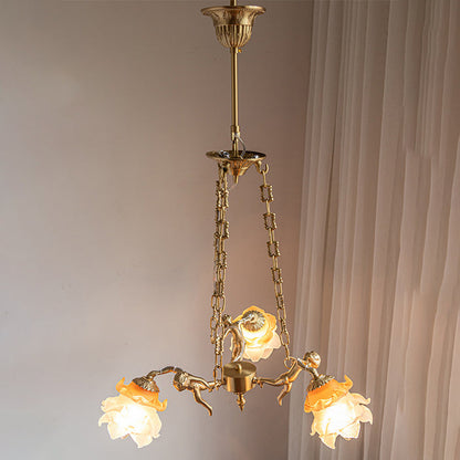 Traditional Vintage Angel Flower Copper Glass 1/3/6 Light Chandelier For Bedroom
