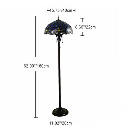 Traditional Tiffany Mediterranean Dragonfly Stained Glass Dome Shade 2-Light Standing Floor Lamp For Home Office