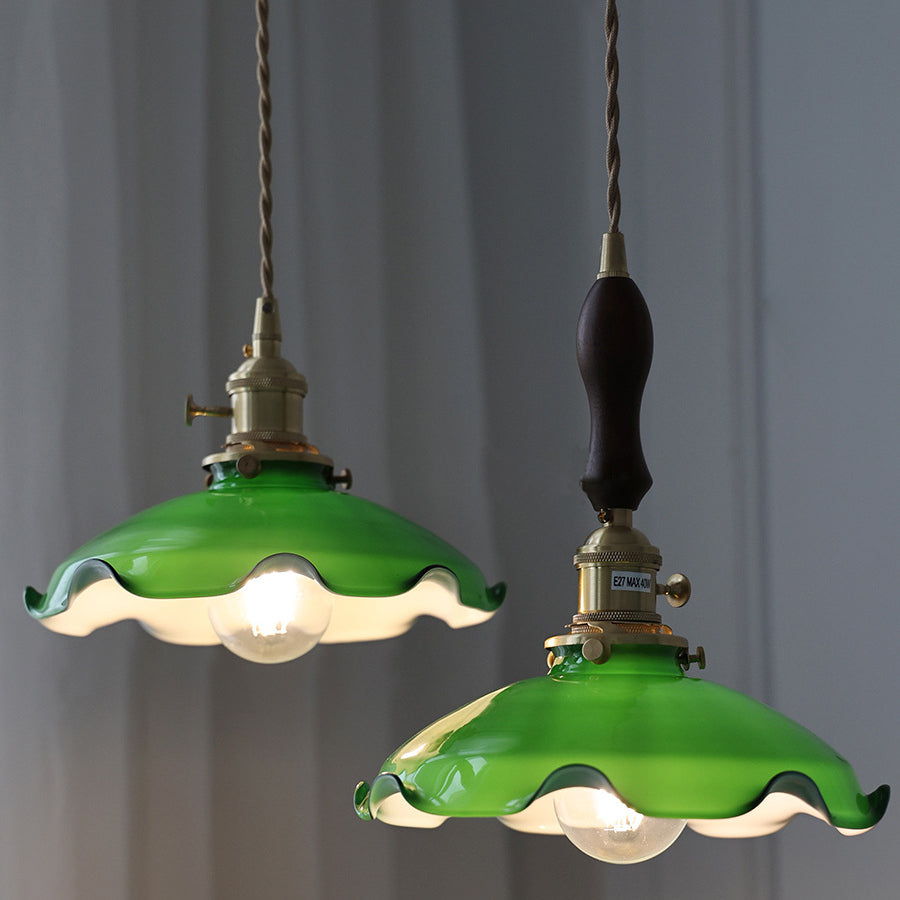 Traditional Chinese Floral Scroll Brass Glass 1-Light Pendant Light For Living Room