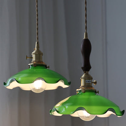 Traditional Chinese Floral Scroll Brass Glass 1-Light Pendant Light For Living Room
