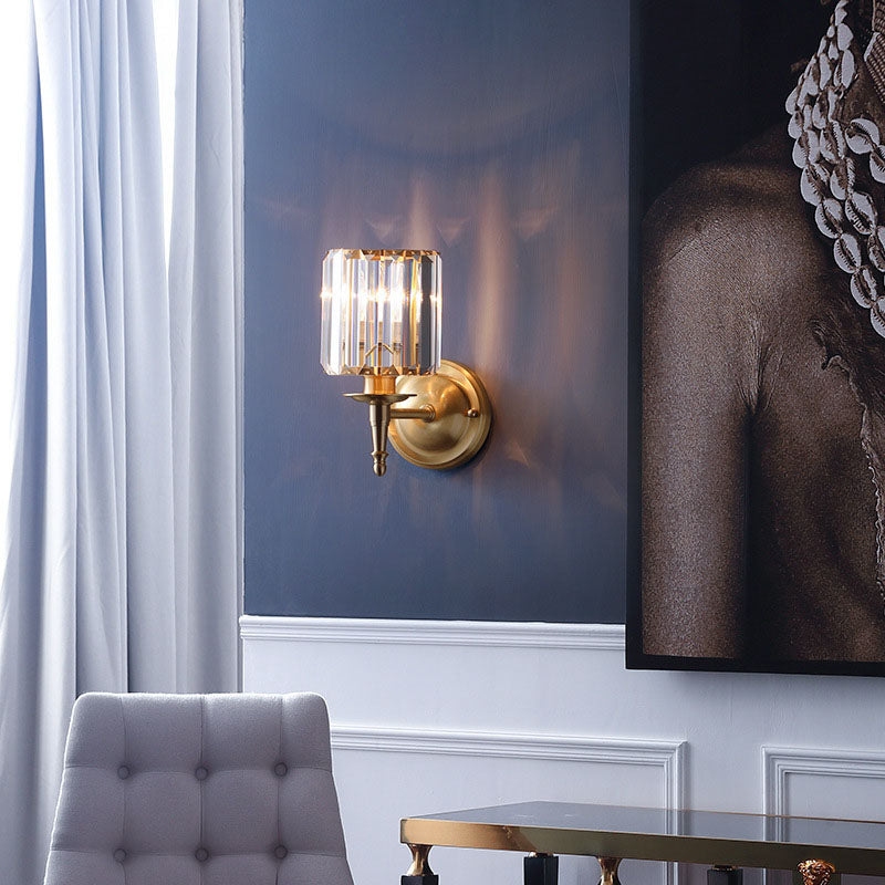 French Light Luxury Crystal Copper Cylinder 1-Light Wall Sconce Lamp