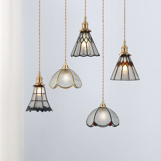 Japanese Vintage Brass Stained Glass Cone 1-Light Pendant Light
