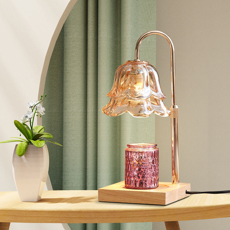 Modern Art Deco Floral Glass Metal Wood 1-Light Melting Wax Table Lamp For Bedroom
