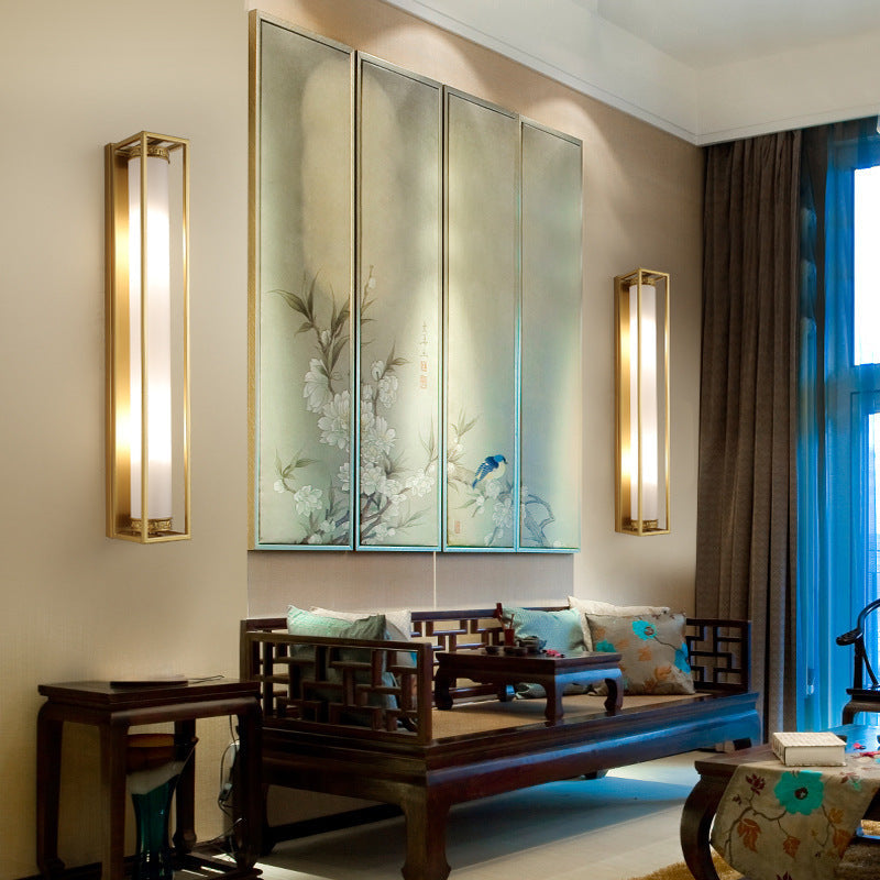 Traditional Chinese Iron Glass Rectangular Cylinder 2-Light Wall Sconce Lamp For Living Room