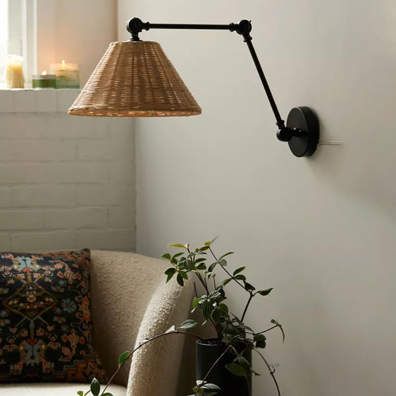 Vintage Chinese Rattan Cone Shade Iron Swing Arm 1-Light Wall Sconce Lamp
