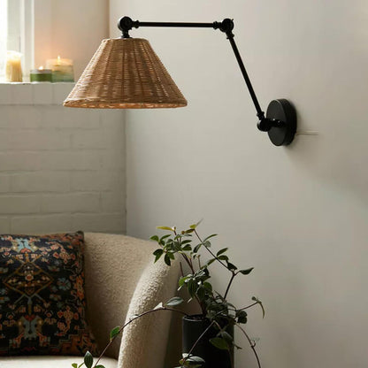 Vintage Chinese Rattan Cone Shade Iron Swing Arm 1-Light Wall Sconce Lamp