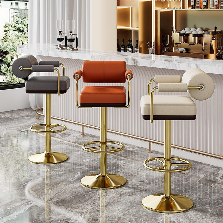 Modern Luxury Square Cylindrical Artificial Leather Metal Bar Stool Backrest Armrest For Dining Room