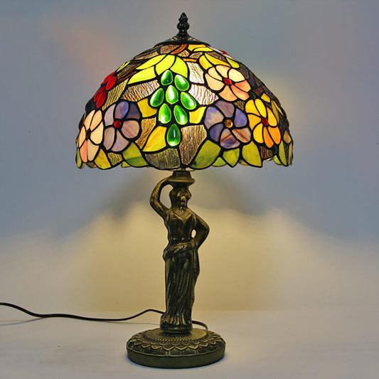 Retro Tiffany Grape Glass Metal Resin Dome 1-Light Table Lamp