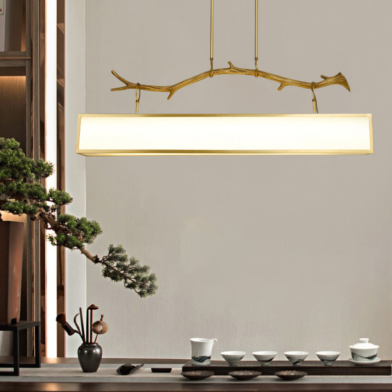 Modern Art Deco Full Copper Branch Fabric Rectangle Shade 1-Light Island Light Pendant Light For Living Room