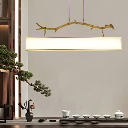 Modern Art Deco Full Copper Branch Fabric Rectangle Shade 1-Light Island Light Pendant Light For Living Room