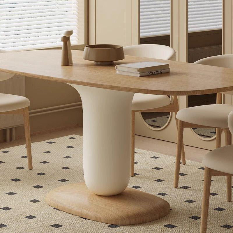 Traditional Japanese Elliptical Ash Wood Oaken Faux Leather Dining Table & Chair Set For 4/6 Seats