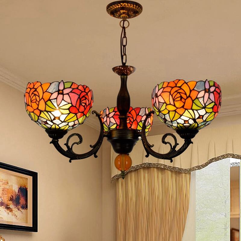 European Tiffany Showy Rose Stained Glass 3-Light Chandelier