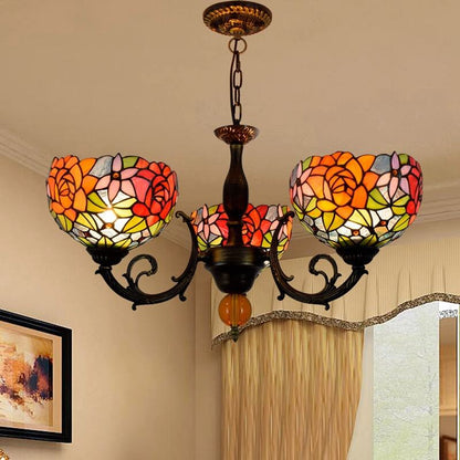 European Tiffany Showy Rose Stained Glass 3-Light Chandelier