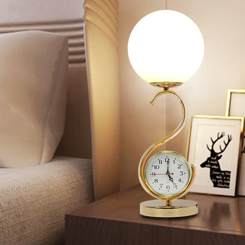 Contemporary Creative Orb Clock Iron Glass 1-Light Table Lamp For Bedroom