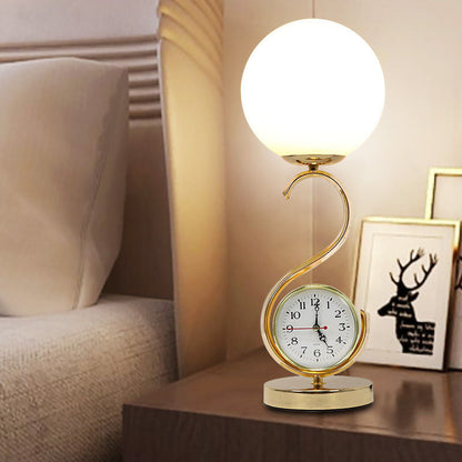 Contemporary Creative Orb Clock Iron Glass 1-Light Table Lamp For Bedroom