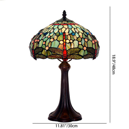 Traditional Tiffany Stained Glass Drum-Shaped Dragonfly 1-Light Table Lamp For Study