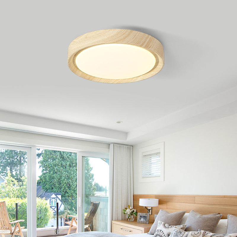 寝室用、現代的なシンプルさを追求した丸型木目調アクリル製LEDフラッシュマウントシーリングライト