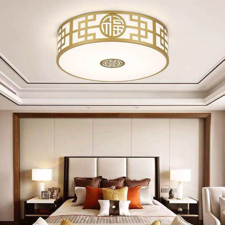 Modern New Chinese Round Fabric Drum LED Flush Mount Ceiling Light