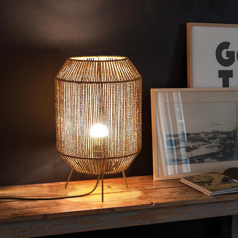 Traditional Rustic Hemp Rope Weaving Cage 1-Light Table Lamp For Study