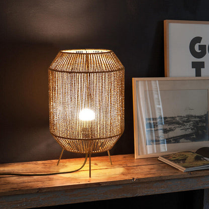 Traditional Rustic Hemp Rope Weaving Cage 1-Light Table Lamp For Study