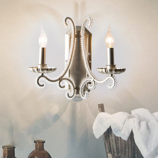 Traditional French Iron Crystal Square Candlestick 1/2- Light Wall Sconce Lamp For Living Room