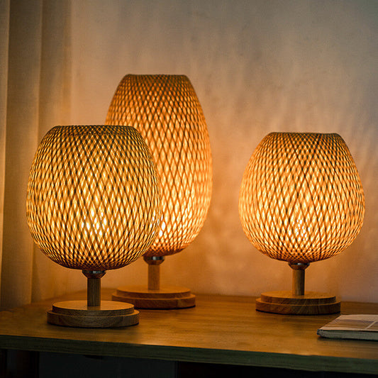 Chinese Minimalist Bamboo Weaving Oval Round 1-Light Table Lamp
