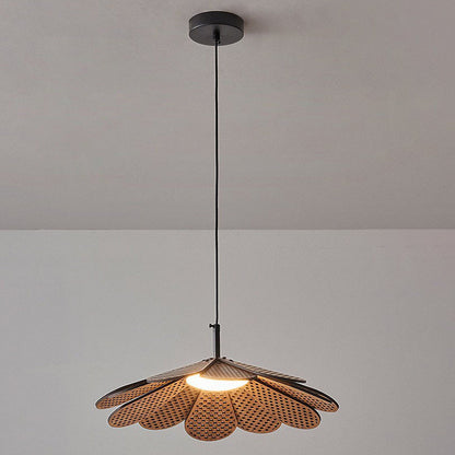 Traditional Japanese Round Flower Wood 1-Light Pendant Light For Living Room