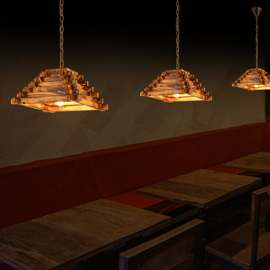 Traditional Rustic Wood Trapezoidal Shade Iron Chain 1-Light Pendant Light For Dining Room