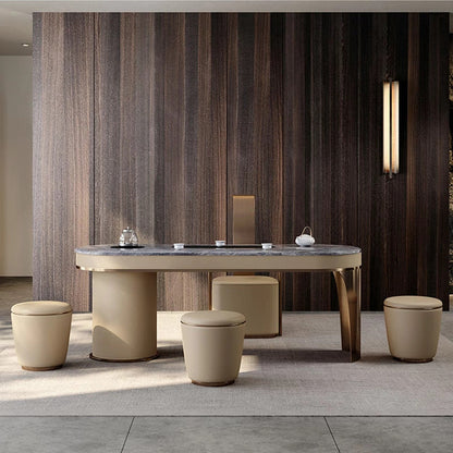 Contemporary Minimalist Round Faux Leather Stainless Steel Frame Vanity Stool For Bedroom