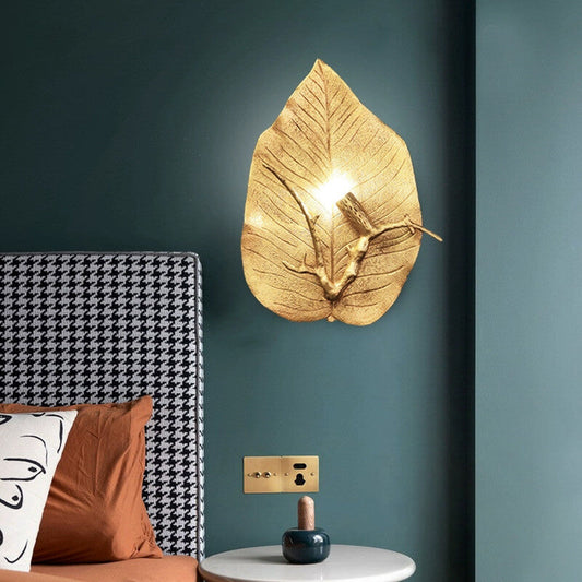 Contemporary Retro Leaf Full Copper 1-Light Wall Sconce Lamp For Living Room