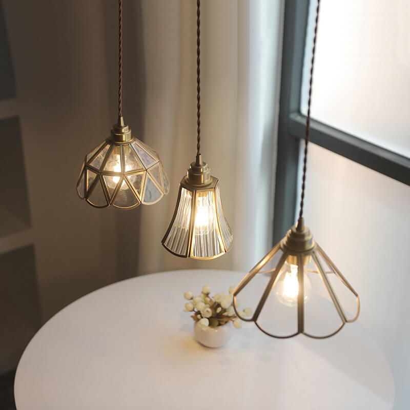 Japanese Vintage Cone Geometric Glass Copper 1-Light Pendant Light
