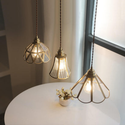 Japanese Vintage Cone Geometric Glass Copper 1-Light Pendant Light