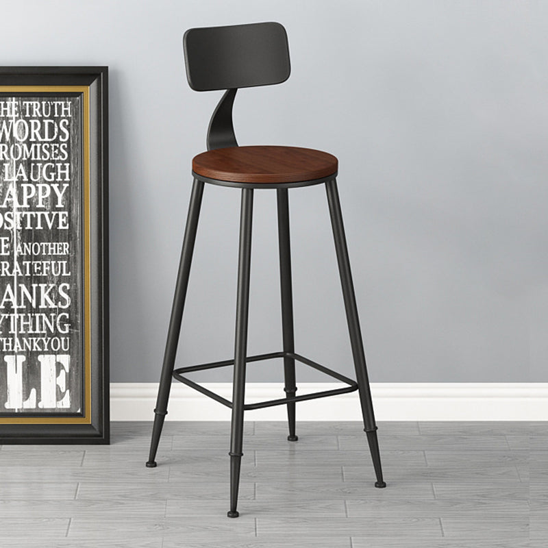 Traditional Vintage Round Wood PU Leather Iron Frame Bar Stool Backrest Footrest For Dining Room