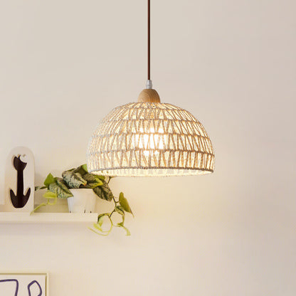 Contemporary Boho Wood Rattan Weaving Dome 1-Light Pendant Light For Dining Room