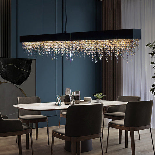 ثريا كريستال LED مستطيلة الشكل من الفولاذ المقاوم للصدأ بتصميم عصري فاخر لغرفة الطعام 