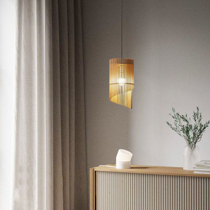 Traditional Japanese Wood Cylinder Beveled 1-Light Pendant Light For Dining Room