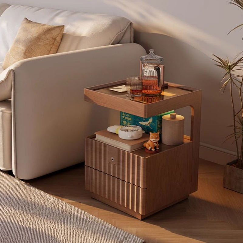 Contemporary Nordic Rectangular Solid Wood Tempered Glass Zinc Alloy Nightstand 2-Drawer For Bedroom