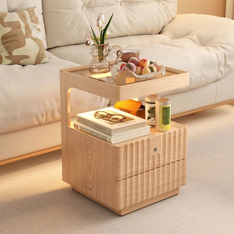 Contemporary Nordic Rectangular Solid Wood Tempered Glass Zinc Alloy Nightstand 2-Drawer For Bedroom