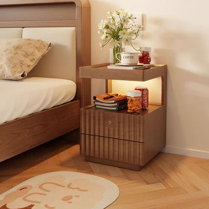 Contemporary Nordic Rectangular Solid Wood Tempered Glass Zinc Alloy Nightstand 2-Drawer For Bedroom
