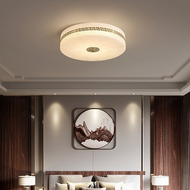 Modern Chinese Marble Round Copper Texture LED Flush Mount Ceiling Light