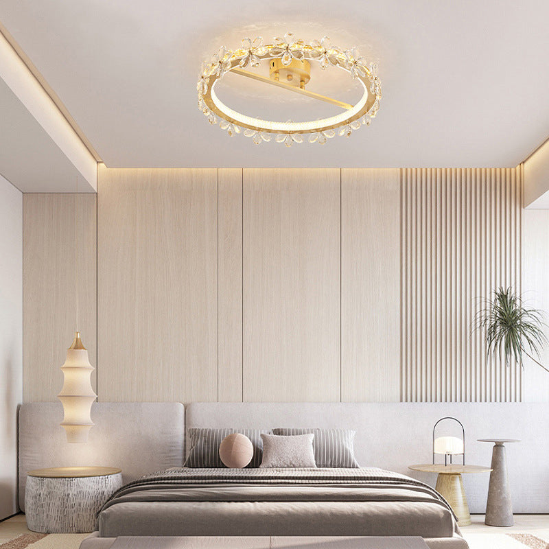Modern Luxury Round Petal Full Copper Crystal LED Semi-Flush Mount Ceiling Light For Bedroom